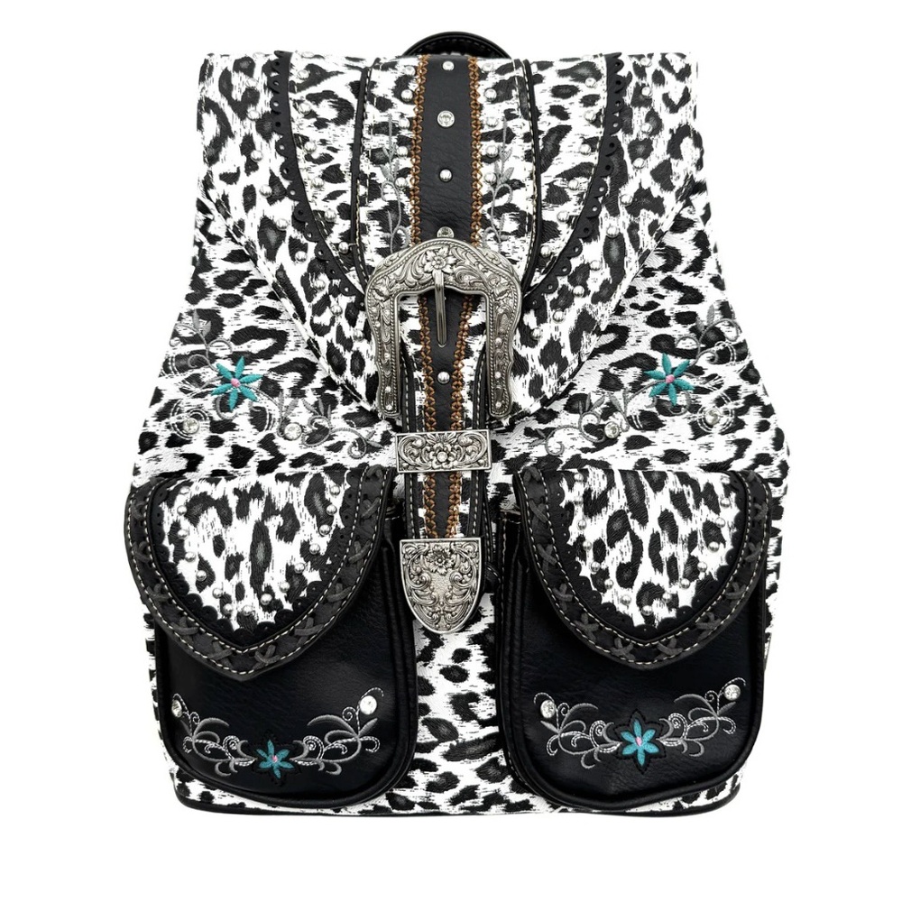 Leopard Print Western Leather Buckle Backpack